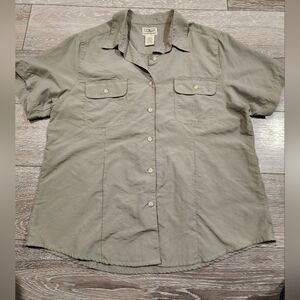 LL Bean Shirt Womens Large Olive Green Button Up Cotton Blend Classic Office